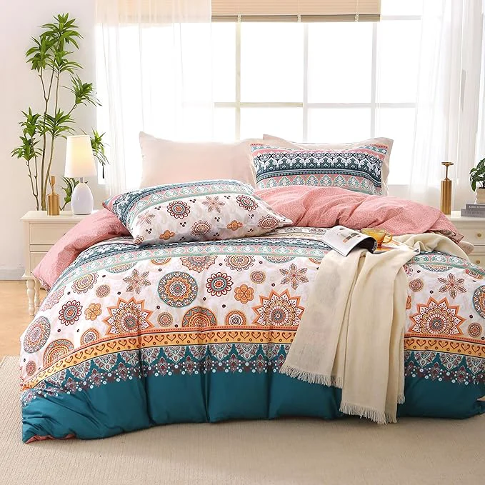 Casual MUXHOMO Duvet Cover Full Size Floral Duvet Cover Set with Zipper Closure Boho Flower Bedding Set 3 Pieces 1 Duvet Cover 80 quot x90 quot with 4 Corner Ties and 2 Pillowcases 20 quot x26 quot Recyclable