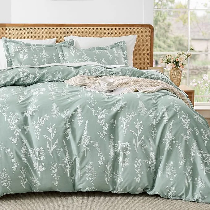Detailed MUXHOMO Duvet Cover Full Size Reversible Floral Green Duvet Cover Set with Zipper Closure 3 Pieces Botanical Patterns Soft Microfiber Bedding Set with 4 Ties 80 quot x90 quot 2 Pillow Cases Premium Material