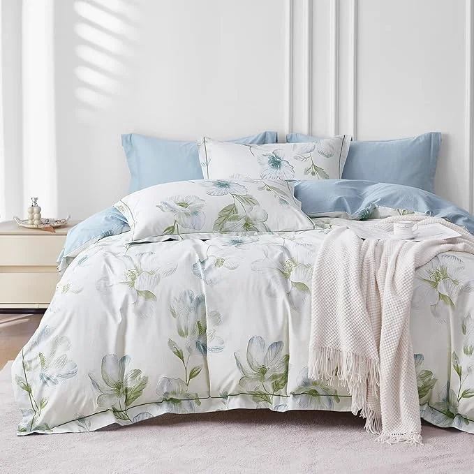 Eco-Friendly OAITE Duvet Cover Set Queen Size Floral Pattern 500 Thread Count Ultra Soft Cotton Duvet Cover Sets 3-PC Breathable Duvet Cover with Zipper Closure amp Corner Ties Outstanding