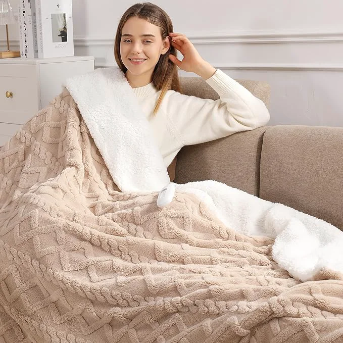 Original Design Heated Throw Blanket 50 quot x60 quot with 5 Heating Levels amp 4 Hours Auto Off Soft amp Plush Sherpa Electric Blanket Throw with ETL amp FCC Certification for Home Use Machine Washable Great Gift Beige Pure