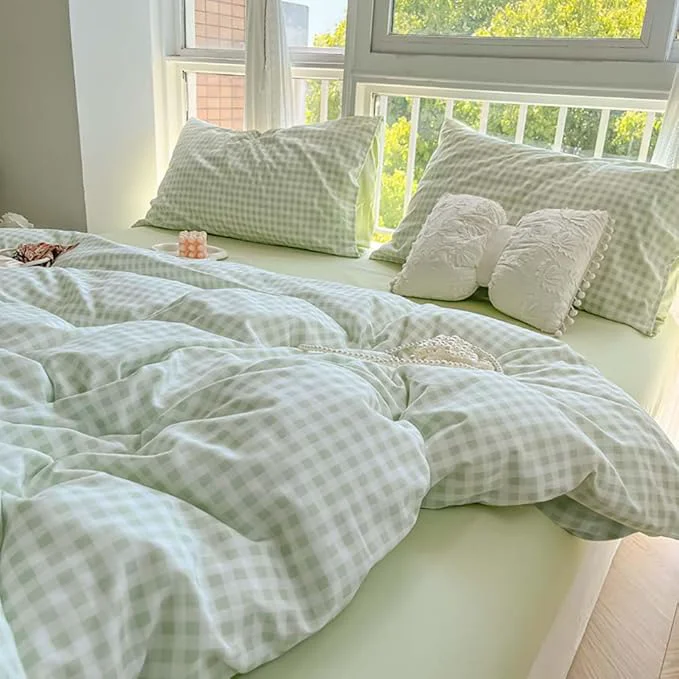 Pure Nayoroom Green Gingham Duvet Cover Twin Size Plaid Dorm Bedding Set 2 Pieces Grid Checkered Duvet Cover with 1 Pillowcase Soft Breathable Washed Microfiber Expertly Made