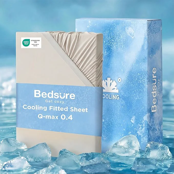 Environmentally Friendly Bedsure Cooling Fitted Sheet King Size for Hot Sleeper King Fitted Sheet Only with 360° Elastic Band Q-Max 0.4 Temperature Regulation Bedding for Night Sweats 16 quot Deep up to 18 quot Beige Safe