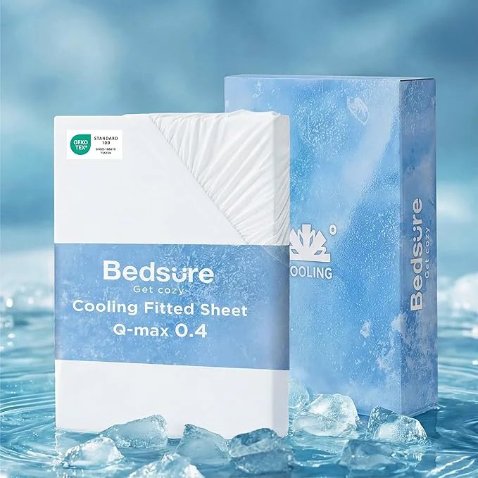 Reusable Bedsure Cooling Fitted Sheet King Size for Hot Sleeper King Fitted Sheet Only with 360° Elastic Band Q-Max 0.4 Temperature Regulation Bedding for Night Sweats 16 quot Deep up to 18 quot White Recyclable