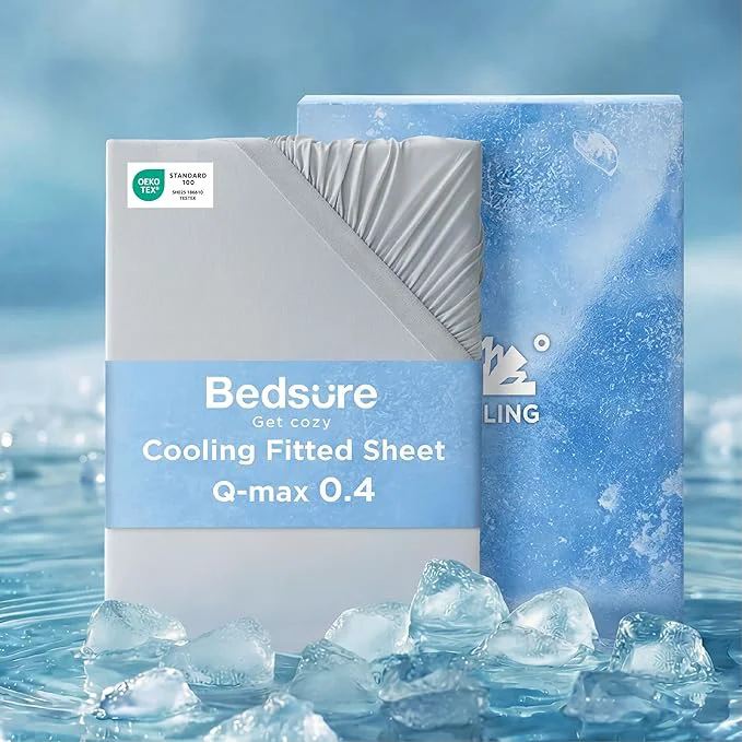 Refined Bedsure Cooling Fitted Sheet Queen Size for Hot Sleeper Queen Fitted Sheet Only with 360° Elastic Band Q-Max 0.4 Temperature Regulation Bedding for Night Sweats 16 quot Deep up to 18 quot Grey User-Friendly