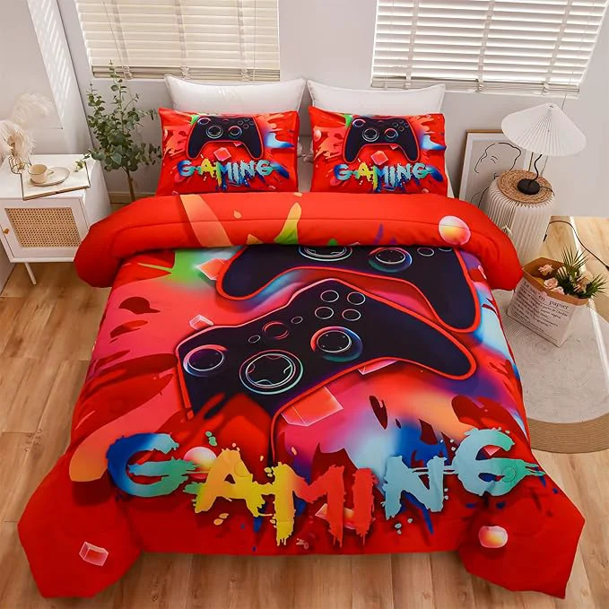 Exceptional Aimuan Gaming Comforter Sets for Boys Kids Bedding Sets Video Games Console Action Buttons Novelty Colorful Game Gamepad Controller Modern Gamer Room Decor Home Quilt Set Twin Red Prestigious