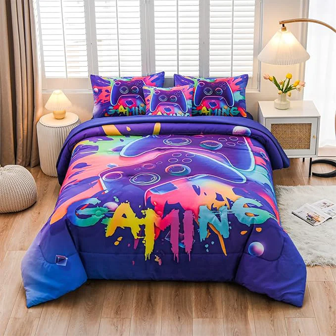 Fine Aimuan Gaming Comforter Sets for Boys Kids Bedding Sets Video Games Console Action Buttons Novelty Colorful Game Gamepad Controller Modern Gamer Room Decor Home Quilt Set Queen 6 Pcs Purple Effective