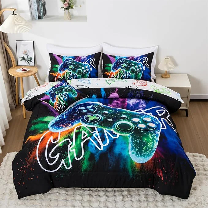 Trendy Aimuan Gamer Gaming Bedding Sets 3D Gamepad Comforter Sets for Boys Games Console Action Buttons Novelty Colorful Game Controller Modern Room Decor Home Quilt Set Black-Green Queen 6Pcs Consistent