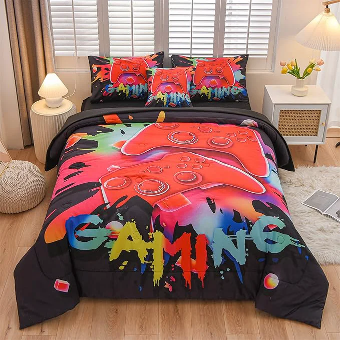 Fast Aimuan Gamer Gaming Bedding Sets 3D Gamepad Comforter Sets for Boys Games Console Action Buttons Novelty Colorful Game Controller Modern Room Decor Home Quilt Set Black Twin 6PCS Reliable