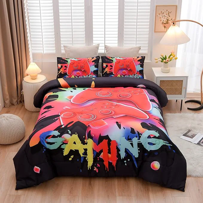 Crafted Aimuan Gaming Comforter Sets for Boys Kids Bedding Sets Video Games Console Action Buttons Novelty Colorful Game Gamepad Controller Modern Gamer Room Decor Home Quilt Set Twin Black Authentic