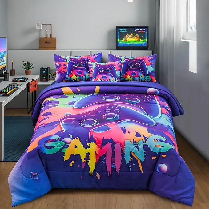 Advanced Aimuan Gaming Comforter Sets for Boys Kids Bedding Sets Video Games Console Action Buttons Novelty Colorful Game Gamepad Controller Modern Gamer Room Decor Home Quilt Set Twin 6 Pcs Purple Flexible
