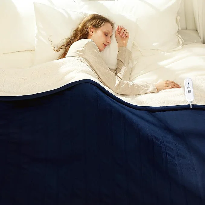 Easy-to-Use Electric Heated Blanket Twin 62 quot x 84 quot - Soft Cozy Flannel Sherpa Electric Blanket Twin Size with 5 Heating Levels amp 10 Hours Auto Off Heated Blanket for Women ETL Navy Premium Material