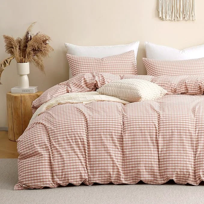 Easy-to-Use TOCOMOA Pink Tan Gingham Duvet Cover Bedding Set Washed Cotton Like Linen Feel Super Soft Comfy 3 Piece Vintage Plaid Checkered Fall Comforter Cover Set Full 80 quot x90 quot Comforter Not Included Secure