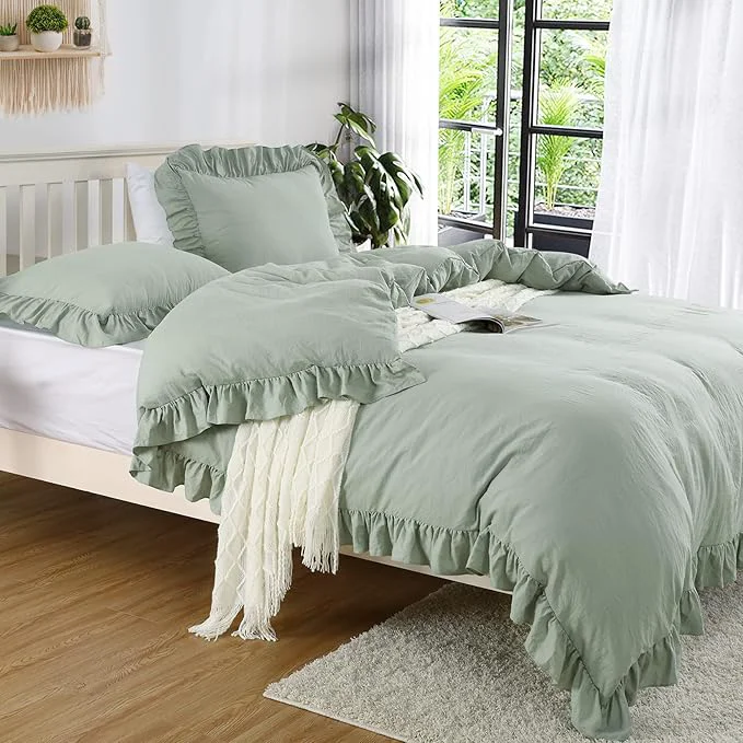 Trusted Ruffle Duvet Cover Queen Size 3PCS Soft Washed Microfiber Vintage French Country Duvet Cover Set for Queen Bed Sage Green 90x90 in
