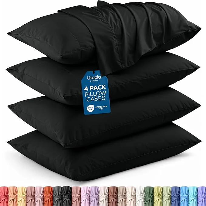 Safe Utopia Bedding Standard Pillow Cases - 4 Pack - Envelope Closure - Soft Brushed Microfiber Fabric - Shrinkage and Fade Resistant Pillow Covers Standard Size 20 X 26 Inches Standard Black User-Friendly