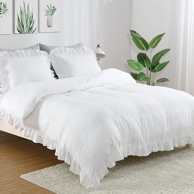 Safe Ruffle Duvet Cover King Size 3PCS Soft Washed Microfiber Vintage French Country Duvet Cover Set with Button Closure White 104x90 in Original