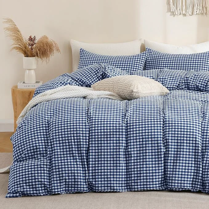 Versatile TOCOMOA Navy Blue Gingham Duvet Cover Bedding Set Washed Cotton Like Linen Feel Super Soft Comfy 3 Piece Dark Blue Plaid Checkered Comforter Cover Set King 104 quot x90 quot Comforter Not Included Long-Lasting