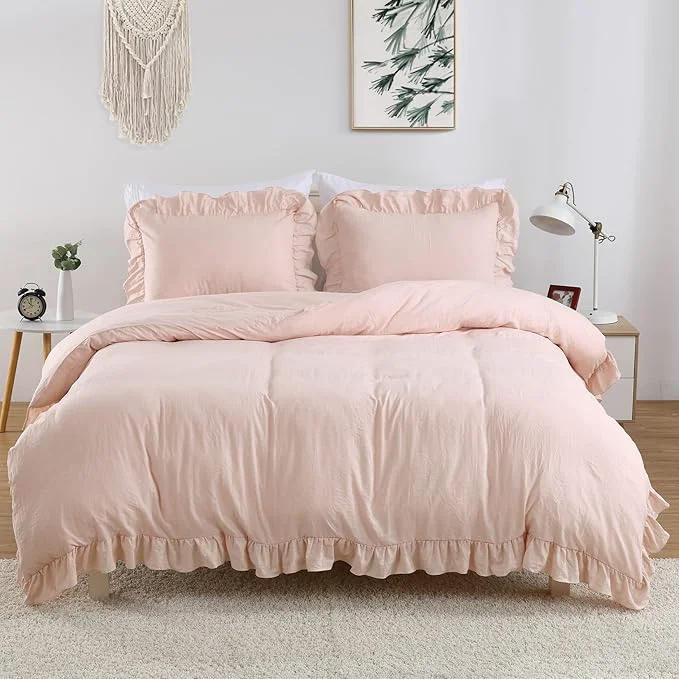 Convenient Pink Ruffled Duvet Cover Twin 2PCS Soft Washed Microfiber Vintage French Country Duvet Cover Set for Kids Girls Pink 68x90 in First-Class