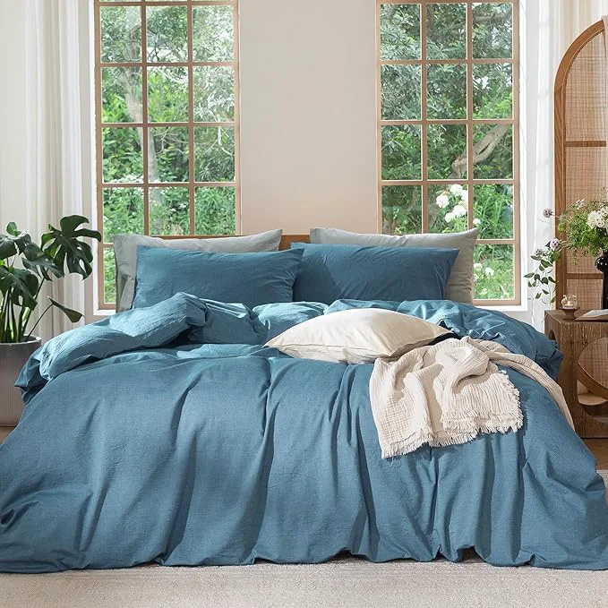 Consistent MooMee Bedding Duvet Cover Set Washed Cotton Linen Like Textured Breathable Durable Soft Comfy Heathered Peacock Blue Cal King 104 quot x98 quot Traditional