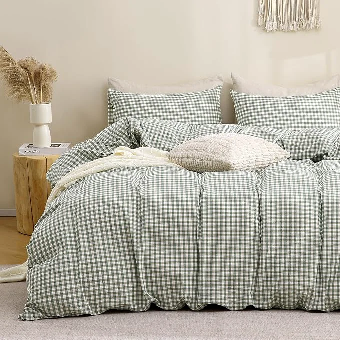 Quality TOCOMOA Green Gingham Duvet Cover Bedding Set Washed Cotton Like Linen Feel Super Soft Comfy 3 Piece Vintage Plaid Checkered Comforter Cover Set Oversized King 120 quot x98 quot Comforter Not Included Lightweight