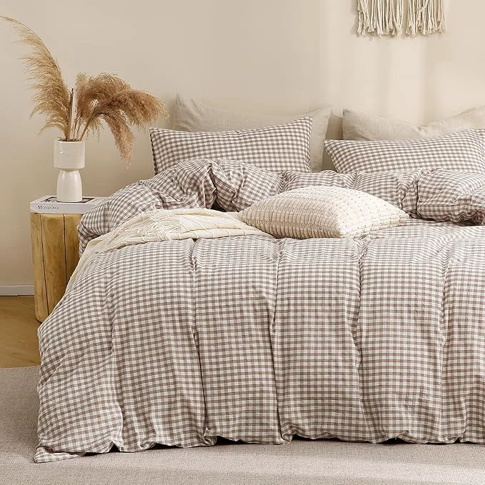 Trusted TOCOMOA Tan Gingham Duvet Cover Bedding Set Washed Cotton Like Linen Feel Super Soft Comfy 3 Piece Brown Plaid Checkered Comforter Cover Set Oversized Queen 98 quot x98 quot Comforter Not Included User-Friendly