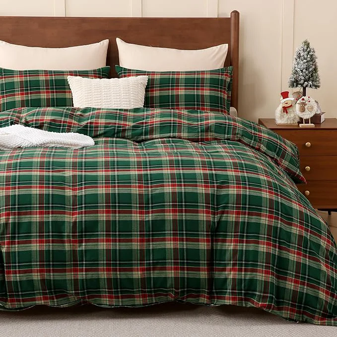 Prestigious TOCOMOA Christmas Plaid Duvet Cover Set Washed Cotton Like Linen Feel Super Soft Comfy 3 Piece Green Red Gingham Checkered Bedding Comforter Cover Set Queen 90 quot x90 quot Comforter Not Included Smart