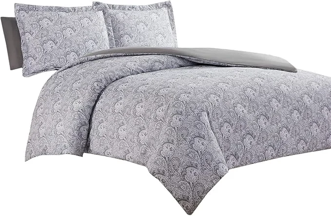 Functional Mellanni Duvet Cover Set - 3 PC Iconic Collection Bedding Set - Hotel Luxury Extra Soft amp Cooling - Microfiber - Button Closure and Corner Ties Twin Paisley Gray Casual