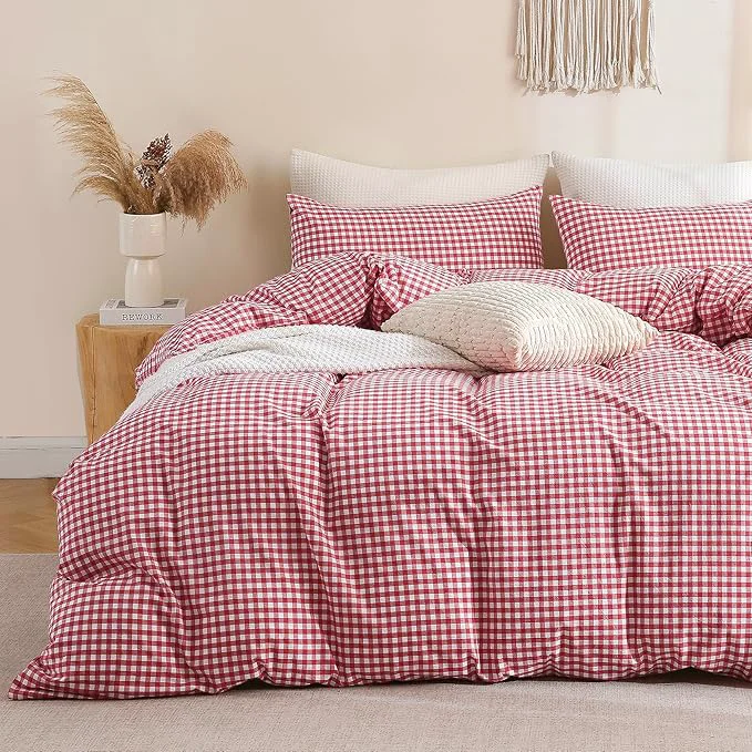 Long-Lasting TOCOMOA Red Gingham Duvet Cover Bedding Set Washed Cotton Like Linen Feel Super Soft Comfortable 3 Piece Cute Plaid Checkered Comforter Cover Set Queen 90 quot x90 quot Comforter Not Included Consistent