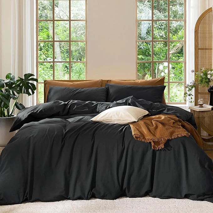 Responsible MooMee Bedding Duvet Cover Set Washed Cotton Linen Like Textured Breathable Durable Soft Comfy Solid Black Super Queen 90 quot x98 quot Eco-Friendly