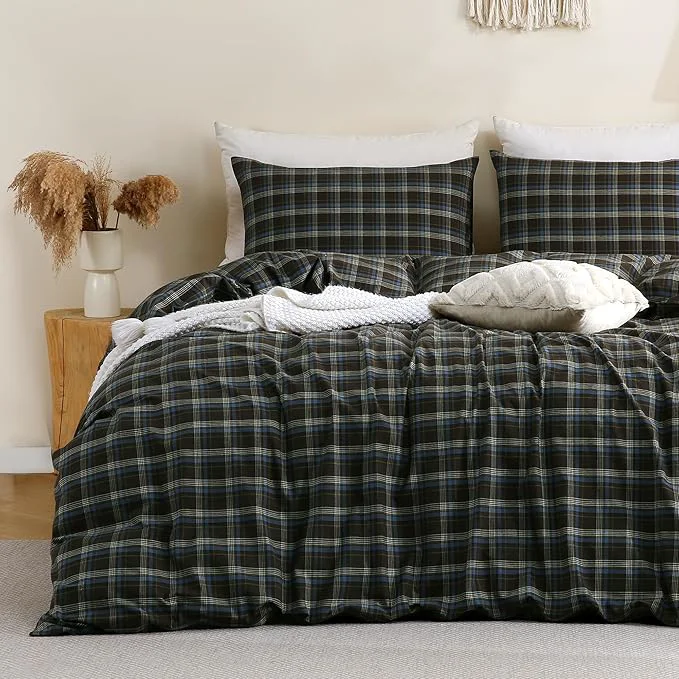 Enhanced TOCOMOA Buffalo Plaid Duvet Cover Set Washed Cotton Like Linen Feel Super Soft Comfy 3 Piece Brown Blue Gingham Checkered Bedding Comforter Cover Set King 104 quot x90 quot Comforter Not Included Dependable