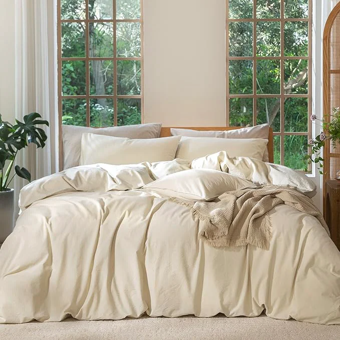 Authentic MooMee Bedding Duvet Cover Set Washed Cotton Linen Like Textured Breathable Durable Soft Comfy Heathered Almond Milk Grey Palatial King Oversized King 120 quot x98 quot High-Performance