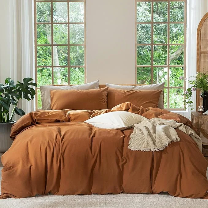 Lightweight MooMee Bedding Duvet Cover Set Washed Cotton Linen Like Textured Breathable Durable Soft Comfy Solid Dark Orange Twin 68 quot x90 quot Refined