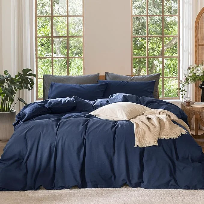 Unique MooMee Bedding Duvet Cover Set Washed Cotton Linen Like Textured Breathable Durable Soft Comfy Solid Navy King 104 quot x90 quot Optimized