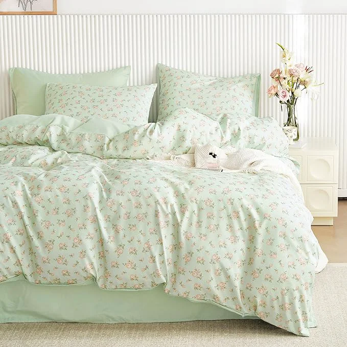 Prestigious Wake In Cloud - Coquette Duvet Cover Set Floral Cottagecore Flower Shabby Chic Cute Aesthetic Soft Lightweight Bedding for Women Teen Girls 3-Piece Green Pink Twin Twin XL Size Secure