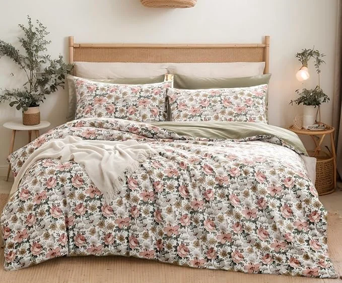 Expertly Made SLEEPBELLA Duvet Cover Set 600 Thread Count Cotton Pink amp Yellow amp Beige Floral Pattern Printed on White，Mustard Green Reversible Comforter Cover Twin Green Floral High-End