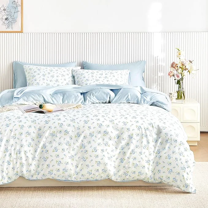 Enhanced Wake In Cloud - Coquette Duvet Cover Set Floral Cottagecore Flower Shabby Chic Cute Aesthetic Soft Lightweight Bedding for Women Teen Girls 3-Piece White Blue Twin Twin XL Size Fashionable