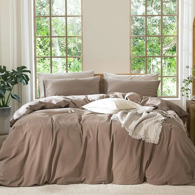Proven MooMee Bedding Duvet Cover Set Washed Cotton Linen Like Textured Breathable Durable Soft Comfy Solid Brown Oversized Queen 98 quot x98 quot Smooth
