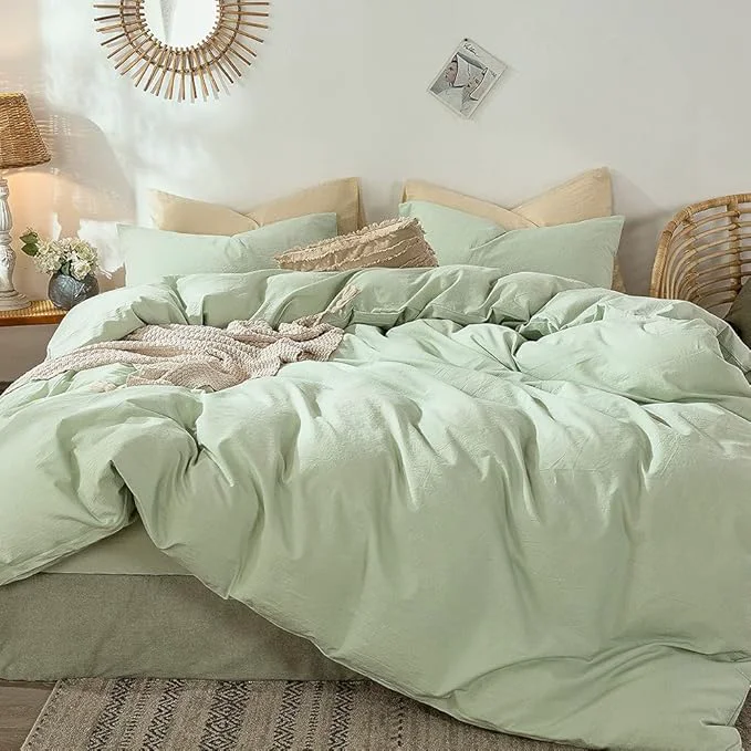 Clean MooMee Bedding Duvet Cover Set Washed Cotton Linen Like Textured Breathable Durable Soft Comfy Heathered Seaglass Green King 104 quot x90 quot Outstanding