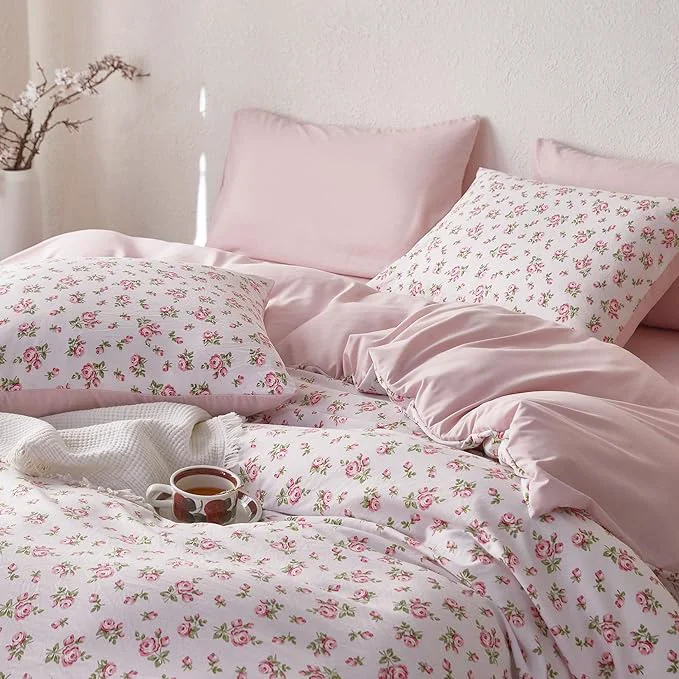 Sustainable Wake In Cloud - Coquette Duvet Cover Set Floral Cottagecore Flower Shabby Chic Cute Aesthetic Soft Lightweight Bedding for Women Teen Girls 3-Piece Pink Queen Size Green
