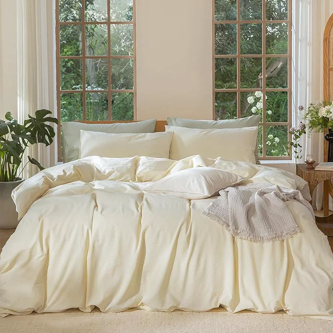 Convenient MooMee Bedding Duvet Cover Set Washed Cotton Linen Like Textured Breathable Durable Soft Comfy Solid Cream Oversized Queen 98 quot x98 quot