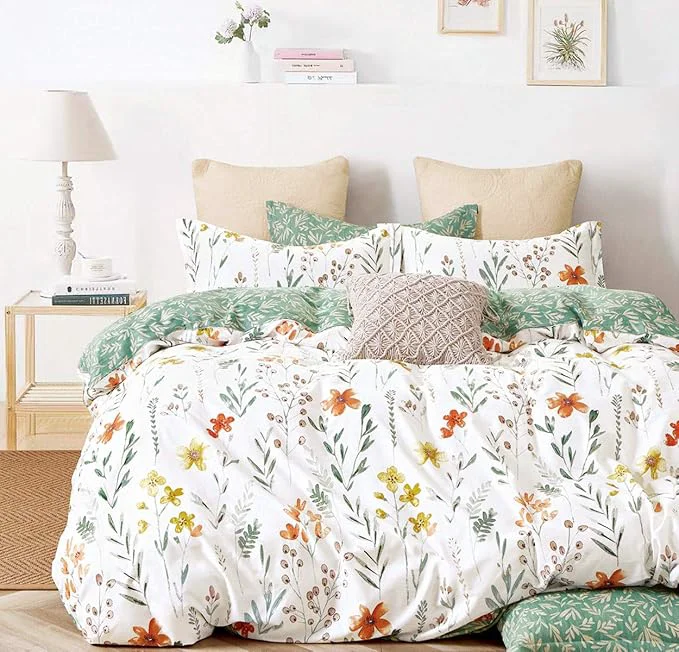 Pure SLEEPBELLA Duvet Cover Queen 600 Thread Count Cotton 3pcs Bedding Set Yellow Flowers and Green Branches Printed on White Reversible Comforter Cover Exceptional