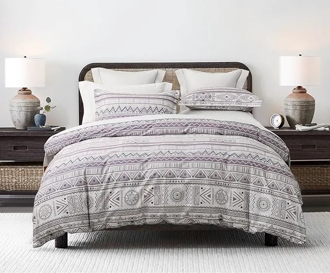 Organic SLEEPBELLA Boho Chic Striped King Size Duvet Cover Set - Cotton with Button Closure in White and Purple User-Friendly