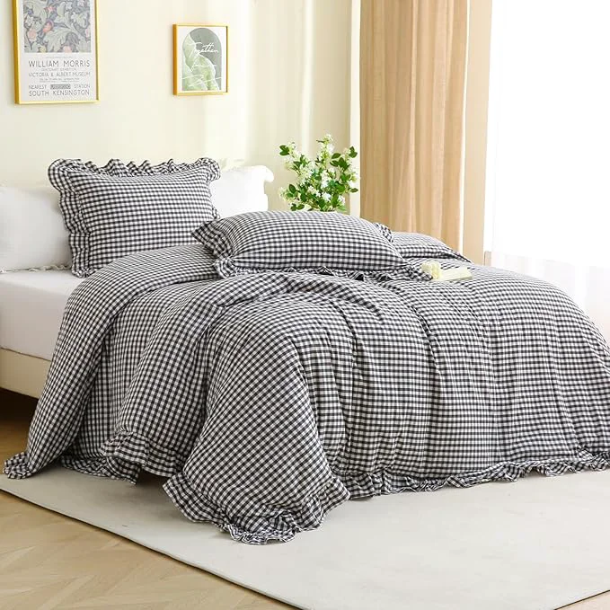 Exceptional Black White Checkered Ruffle 3-Piece Duvet Cover Set Twin Size Washed Cotton Shabby Gingham Plaid Bedding Set Farmhouse Comforter Set Twin Black White Fashionable