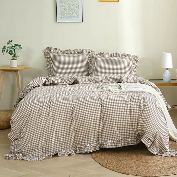 Detailed Taupe White Plaid Ruffle Duvet Cover Queen Size Washed Cotton 3 Pcs Vintage Checkered Chic Gingham Bedding Set Comforter Cover Set Expertly Made