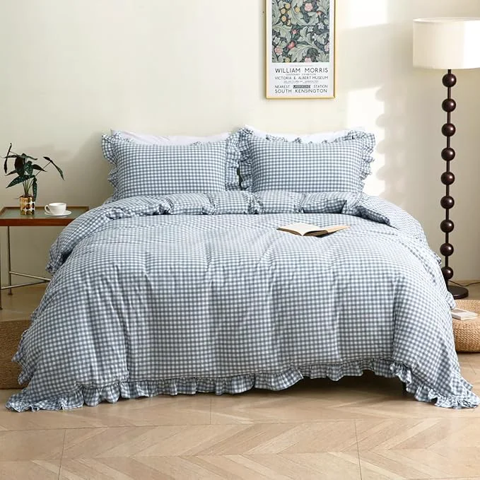 Classic Light Blue White Plaid Ruffle Duvet Cover Queen Size Washed Cotton 3 Pieces Shabby Checkered Chic Gingham Bedding Set Comforter Cover Set Luxury
