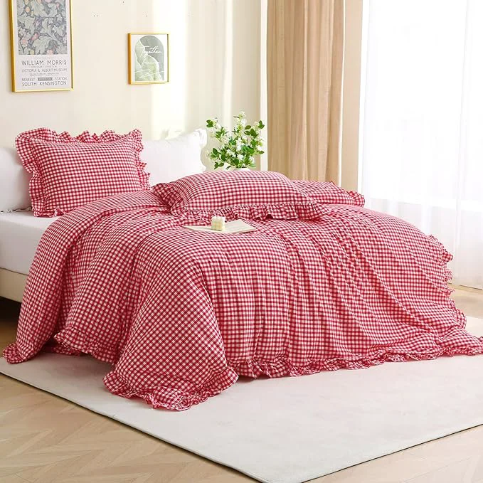 Solid Red White Checkered Ruffle 3-Piece Duvet Cover Set Twin Size Washed Cotton Shabby Gingham Plaid Bedding Set Farmhouse Comforter Set Twin Red Powerful