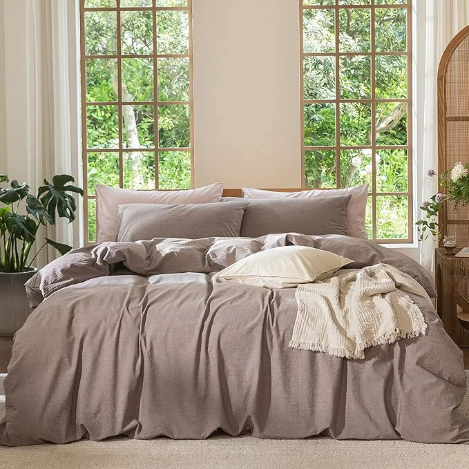 Safe MooMee Bedding Duvet Cover Set Washed Cotton Linen Like Textured Breathable Durable Soft Comfy Heathered Mauve Brown Twin 68 quot x90 quot