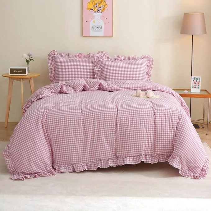 Consistent Vintage Pink White Plaid Ruffle 3-Piece Duvet Cover Set Twin Size Washed Cotton Shabby Gingham Checkered Bedding Set Farmhouse Comforter Set Top-Quality