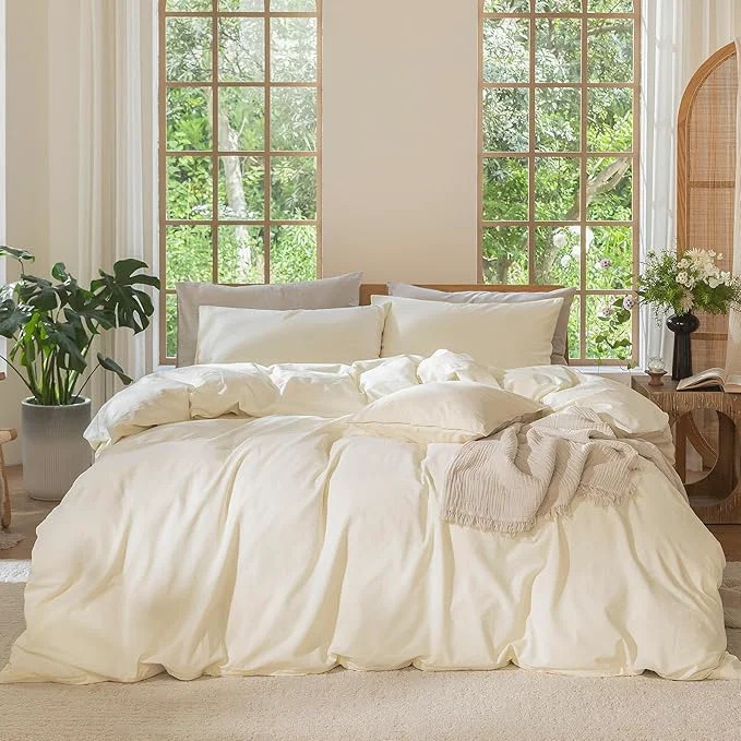Fashionable MooMee Bedding Duvet Cover Set Washed Cotton Linen Like Textured Breathable Durable Soft Comfy Solid Cream White Palatial King Oversized King 120 quot x98 quot Top-Quality