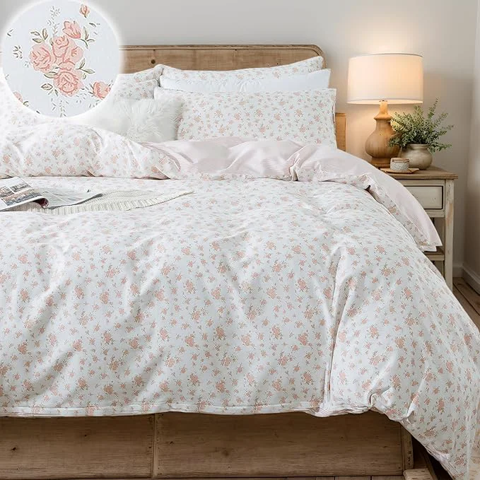 Luxury FADFAY Twin Duvet Cover Set Pink Floral Comforter Cover Cotton Girls Pink White Flower Bedding Garden Style Blush Bedding for All Season Soft Set with 2 Pillowcases Twin Original Design