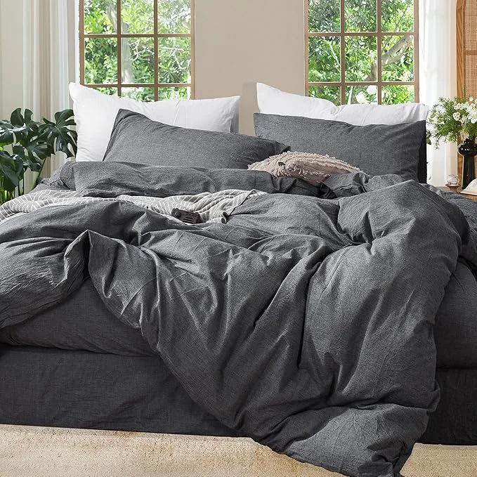 Casual MooMee Bedding Duvet Cover Set Washed Cotton Linen Like Textured Breathable Durable Soft Comfy Heathered Dark Grey Queen 90 quot x90 quot Smart